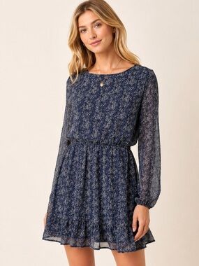 Bacio Mini Dress Womens Medium Blue Palm Print Long Sleeve Ruffle Boho Chiffon